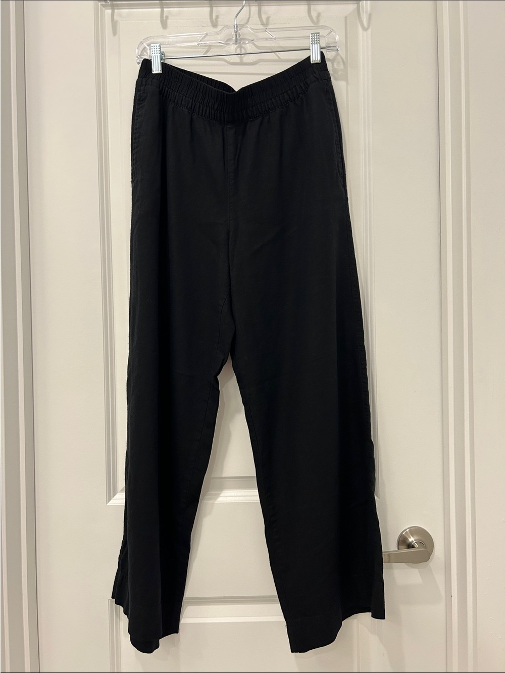 Linen. Wide-Leg Black Women's Pants with Elastic Waist